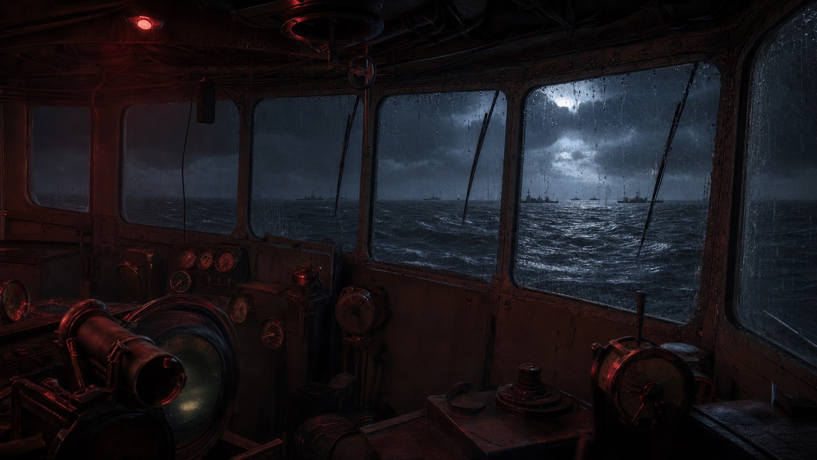 View from the bridge of a Royal Navy escort destroyer, convoy visible through rain-streaked windows